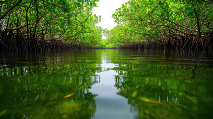 Fototapeta premium Serene View of Lush Mangrove Forest with Reflection in Calm Water, Creating a Peaceful and Tranquil Natural Environment for Wildlife and Ecosystem