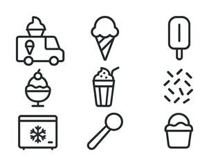 Ice cream icons set featuring truck, cone, popsicle, sundae, and scoop