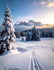 Snowy winter landscape with towering peaks
