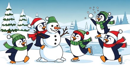 Fototapeta premium Penguins Playing in the Snow.