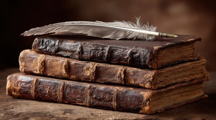 Old books with feather
