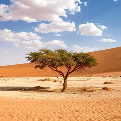 A solitary tree in a vast orange desert landscape under a partly cloudy sky
