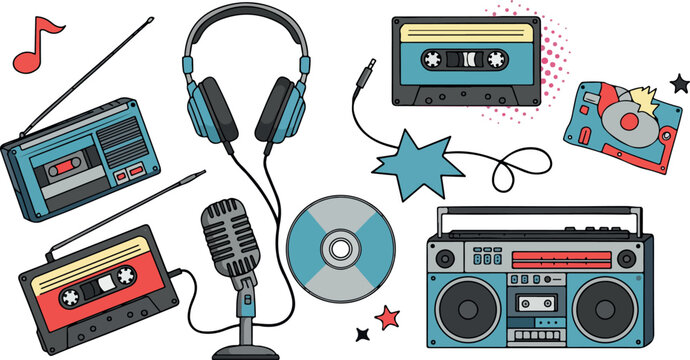 Retro music devices collection including radio cassette tape headphones microphone and CD.