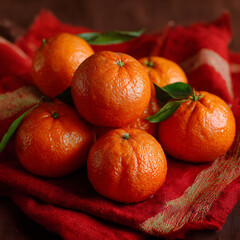 Fresh tangerines with vibrant green leaves piled on a rich red textured cloth, close-up still life.