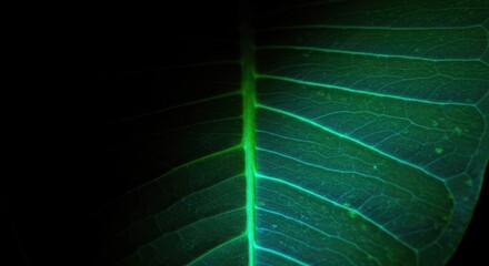 Stunning macro view of vibrant green leaf veins illuminated with glowing neon light against a dark, moody background, perfect for nature, science, or abstract concepts.