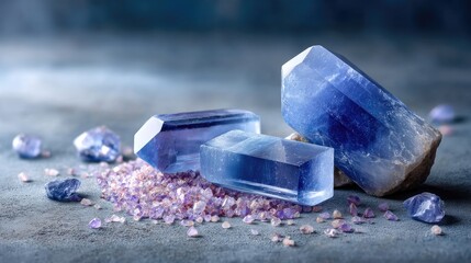 Close Up of Large Blue Mineral Crystals on Gray Surface with Purple Granules Macro View
