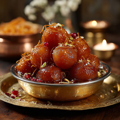 Golden Fried Sweet Dumplings with Pistachios and Pomegranate in Syrup, Served in a Festive Bowl