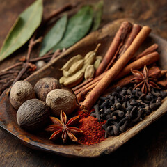 Assortment of whole and ground spices: nutmeg, cinnamon sticks, star anise, cardamom pods, cloves, chili powder in a wooden bowl on wood background.