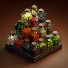 Isometric display of diverse spices and herbs in square glass jars on a dark wooden base.