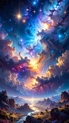 Obraz premium A vibrant, surreal landscape of a valley beneath a starry, colorful sky