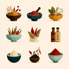 Collection of spices and herbs in bowls, mortars, and bottles. Flat design illustration set of culinary ingredients, seasonings, and chili peppers.