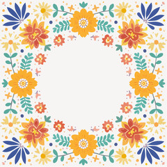 Floral Pattern Design with Orange Yellow and Blue Elements on White Background in Square Frame