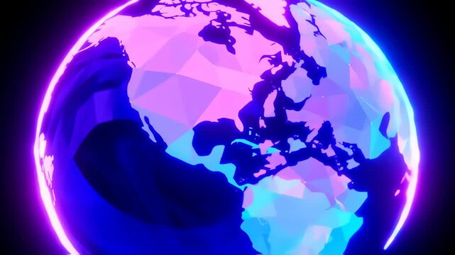 A stylized, low-poly globe, vibrant with neon-like colors of pink, purple, and blue