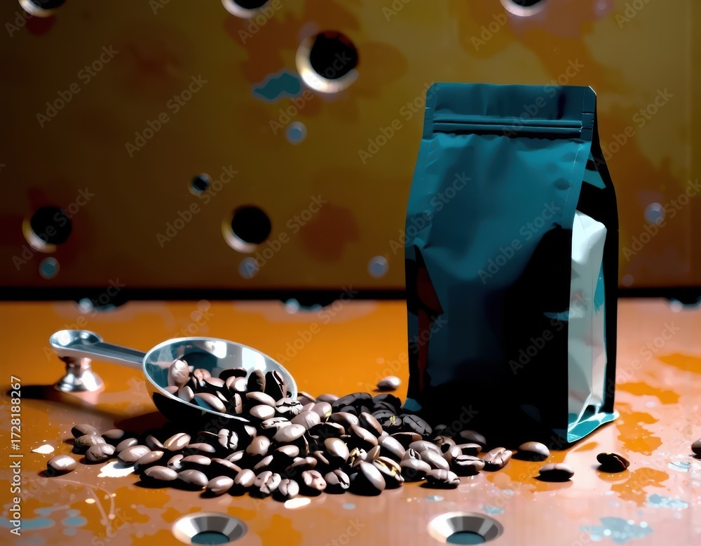 Wall mural coffee beans bag and scoop on old rusty background ui interface user