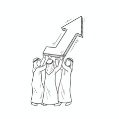Obraz premium Three men in traditional Arab clothing lift a large upward pointing arrow, symbolizing growth.