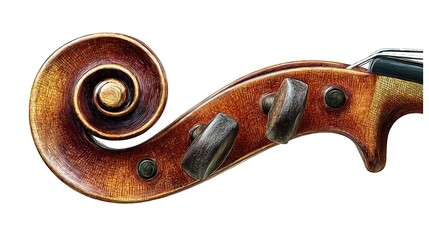 Close-up of a violin's intricately carved, aged, reddish-brown scroll, featuring fine details,  pegs, and subtle metallic inlay against a stark white background