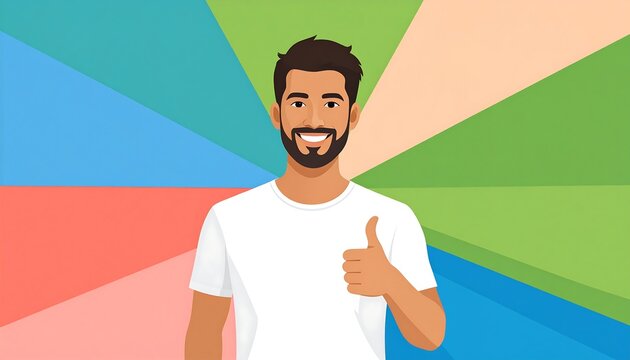 Smiling man with beard gives thumbs up against colorful background