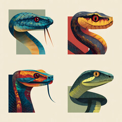 Set of Four Stylized Snake Head Illustrations in Vibrant Colors with Diverse Patterns and Scales