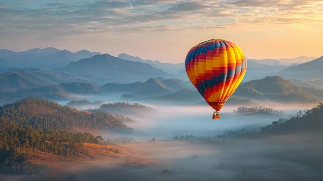 Colorful hot air balloon flying over misty valley
