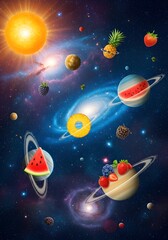 Fruit planets floating in space with a sun and a galaxy and many stars around them