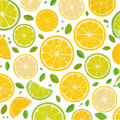 Vibrant Citrus Fruit Pattern with Slices of Lemons Limes and Green Leaves on White Background