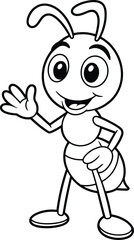 Cartoon ant character waving, black and white line drawing, segmented insect body, smiling face, children’s coloring page, educational artwork, vector style