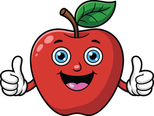 Cartoon apple character, smiling fruit mascot, thumbs up gesture, healthy food icon, vector illustration, red apple with happy face