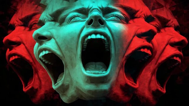 Terrifying demonic faces screaming in fiery nightmare
