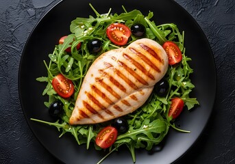 Grilled chicken breast with arugula salad and tomatoes on a black slate plate close up view from above