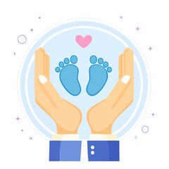 Animated Illustration of Two Hands Protecting Baby Footprints with a Heart Symbol in a Light Blue Circle Background