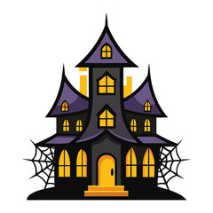 Halloween haunted house with bats and pumpkin cartoon illustration