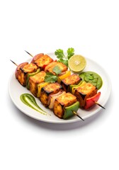 Grilled paneer skewers with peppers and onions served on a white plate with lime and sauce