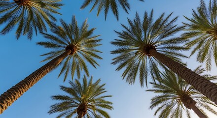 Low angle view of tall palm trees against a clear blue sky