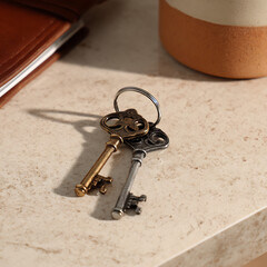 Two decorative antique skeleton keys on a metal keyring, one gold and one silver, resting on a textured stone surface with shadows.