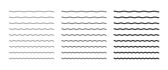 A set of simple horizontal wavy underlining lines, isolated on white is the sign of water, sine, wave, vector. Abstract graphic element, black silhouette for design, decoration, highlighting, border, 