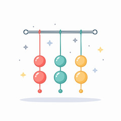 Pixelated Colorful Sphere Decorations Hanging From Bar with Shimmering Star Effects on White Background