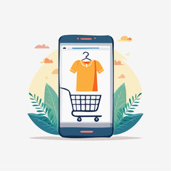 Digital Illustration of Shopping Cart and T-shirt within Mobile Phone Screen with Botanical Elements