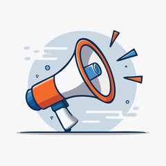 Cartoon Illustration of a Megaphone in Orange and White with Blue Accents on a Light Blue Circle Background