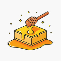 Animated honey dipper pouring golden syrup over square butter with sparkle effect on white background