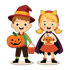 Happy Halloween kids with pumpkins cartoon illustration