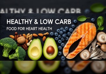 Healthy and low carb food for heart health with avocado salmon and blueberries and nuts and broccol 96