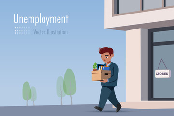 Unhappy businessman holding his belongings in cardboard box leaving office after business closed. Layoff, fired notice from business bankruptcy. Vector.