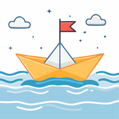 Illustrated Paper Boat Sailing on Blue Water with Clouds and Stars Against White Background