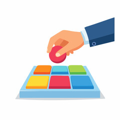 Hand Placing Red Circle on Color-Coded Puzzle Board in White Background