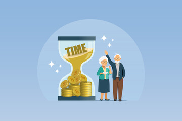 Senior couple with time in hourglass turning into gold coins. Money deposit with time management strategy, financial success profit from return on investment. Vector.