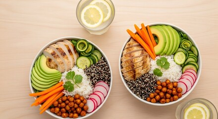 Healthy chicken bowls with fresh vegetables and lemon water for a balanced and nutritious meal