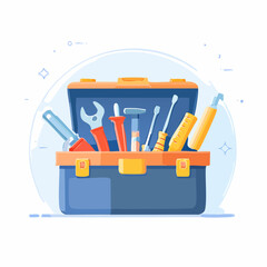 Cartoon Illustration of Open Toolbox with Tools Assortment against White Background