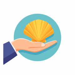 Human Hand Presenting Golden Seashell on Turquoise Circle Against White Background
