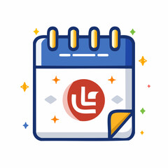 Cartoon Calendar with Red Circular Logo and Decorative Stars on White Background