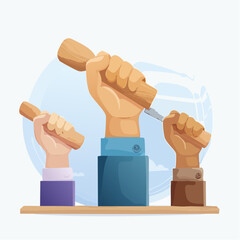 Illustrative Graphic of Multiple Hands Holding Carving Tools on a Light Blue Background